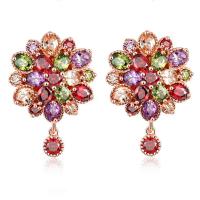 Boucles d'oreilles en laiton zircon cubique pavent, fleur, Plaqué de couleur d'or rose, pavé de micro zircon & pour femme, 20x25mm, Vendu par paire