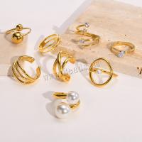 Zirkoon roestvrij staal vinger ring, 304 roestvrij staal, met Plastic Pearl, echt goud verguld, verschillende grootte voor keus & micro pave zirconia & voor vrouw, meer kleuren voor de keuze, Maat:6-7, Verkocht door PC