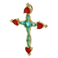 Kubik Zirkonium mikro bana Mässing hängande, Cross, guldfärg pläterade, mode smycken & DIY & micro bana cubic zirconia, flerfärgad, 32x43x7mm, Hål:Ca 2mm, Säljs av PC