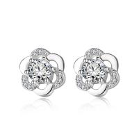 Messing Stud ørering, Flower, platineret, for kvinde & med cubic zirconia & hule, 9.50mm, Solgt af par