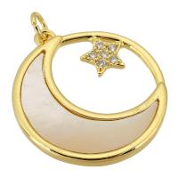 Cubique Pendentif en laiton zircon pavent, avec coquille blanche, Rond, Placage de couleur d'or, bijoux de mode & DIY & pavé de micro zircon, doré, 23x26x2mm, Trou:Environ 3mm, Vendu par PC