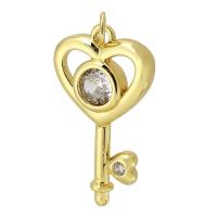 Messing hanger met micro-paved kubieke zirconia's, Sleutel, gold plated, mode sieraden & DIY & micro pave zirconia, gouden, 14x25x3mm, Gat:Ca 3mm, Verkocht door PC