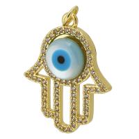 Evil Eye Pendler, Messing, Hand, guldfarve belagt, mode smykker & du kan DIY & onde øje mønster & Micro Pave cubic zirconia & emalje, to forskellige farvede, 19x24x4mm, Hole:Ca. 3mm, Solgt af PC