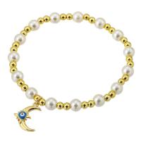 Messing Armbanden, met Plastic Pearl, gold plated, mode sieraden & voor vrouw & glazuur, nikkel, lood en cadmium vrij, 12*16*3mm,5*6*6mm, Lengte Ca 7 inch, Verkocht door PC