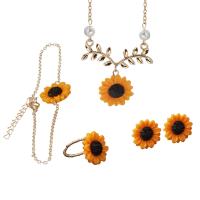 Zinklegierung Schmucksets, Stud Ohrring & Fingerring & Armband & Halskette, mit Harz & Kunststoff Perlen, mit Verlängerungskettchen von 2inch, Sonnenblume, plattiert, 4 Stück & für Frau, keine, 18mm, Größe:6-8, Länge ca. 22 ZollInch, ca. 9.8 ZollInch, verkauft von setzen