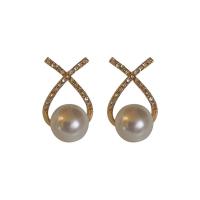 Plastic Earring Post Zinc Alloy with Plastic Pearl fashion jewelry & for woman & with rhinestone golden nickel lead & cadmium free Sold By Pair