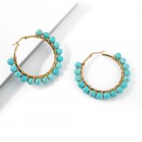 Mens acier inoxydable Hoop boucles d'oreilles, Acier inoxydable 304, avec turquoise, Placage, bijoux de mode & pour femme, doré, 52mm, Vendu par paire