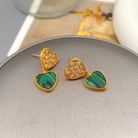 Goujon Laiton, avec Malachite, coeur, Plaqué or 18K, bijoux de mode & pour femme & avec strass, doré, protéger l'environnement, sans nickel, plomb et cadmium, 26x12mm, Vendu par paire