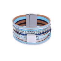 PU leder koord armbanden, zinklegering magnetische sluiting, multilayer & uniseks, blauw, Lengte Ca 21 cm, Verkocht door PC