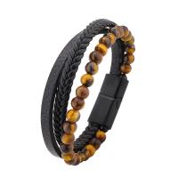 Natuurlijke Tiger Eye armbanden, PU, met Tiger Eye & Zinc Alloy, plated, multilayer & voor de mens, meer kleuren voor de keuze, Lengte Ca 22 cm, Verkocht door PC