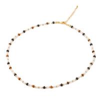 Tiger Eye Halsband, med Shell Pearl & Svart agat & Mässing, med 2.36inch extender kedja, guldfärg pläterade, mode smycken & för kvinna, Längd Ca 15.7 inch, Säljs av PC