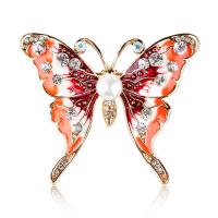 Zinc Alloy Brocher, med Plastic Pearl, Butterfly, guldfarve belagt, for kvinde & emalje & med rhinestone, flere farver til valg, nikkel, bly & cadmium fri, 45x50mm, Solgt af PC