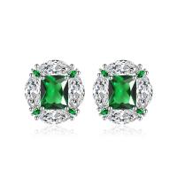 Brass Stud Earring Oval silver color plated micro pave cubic zirconia & for woman Sold By Pair