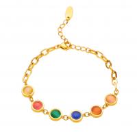 Pulseira de aço titânio, Partículas de aço, with Pedra olho de gato, with 5cm extender chain, para mulher, dourado, 8mm, comprimento 17 cm, vendido por PC