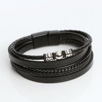 PU cavo bracciali, with 316L acciaio inox, lega di zinco chiusura magnetica, placcato color nero piombo, Vintage & multistrato & per l'uomo, nero, Lunghezza 21 cm, Venduto da PC