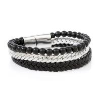 PU leder koord armbanden, met Obsidian & 316L roestvrij staal, multilayer & voor de mens, zwart, Lengte 21.5 cm, Verkocht door PC