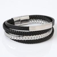 Bracelets cordon PU, cuir PU, avec acier inoxydable 316L, multicouche & pour homme, noire, Longueur Environ 21 cm, Vendu par PC