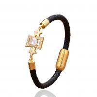 PU Leather Cord Bracelets with Brass & 304 Stainless Steel gold color plated & micro pave cubic zirconia & for woman Length 21 cm Sold By PC