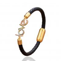 PU leder koord armbanden, met Messing & 304 roestvrij staal, gold plated, uniseks & verschillende stijlen voor de keuze & micro pave zirconia, meer kleuren voor de keuze, Lengte 21 cm, Verkocht door PC