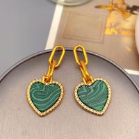 Goujon Laiton, avec Malachite, coeur, Plaqué or 18K, bijoux de mode & pour femme & avec strass, doré, protéger l'environnement, sans nickel, plomb et cadmium, 49x22mm, Vendu par paire