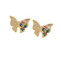 Messing Stud ørering, Butterfly, guldfarve belagt, Micro Pave cubic zirconia & for kvinde, flere farver til valg, nikkel, bly & cadmium fri, 16x20mm, Solgt af par