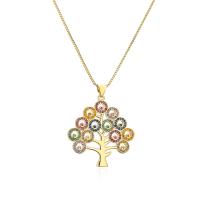 laiton collier, avec 2inch chaînes de rallonge, Arbre de vie, Plaqué d'or, pavé de micro zircon & pour femme & creux, plus de couleurs à choisir, 31x38mm, Longueur Environ 17.7 pouce, Vendu par PC