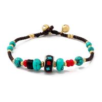 laiton bracelet, avec Seedbead & Fil ciré de Thaïlande & turquoise, Placage de couleur d'or, style folk & unisexe & styles différents pour le choix, Longueur Environ 7.3 pouce, Vendu par PC