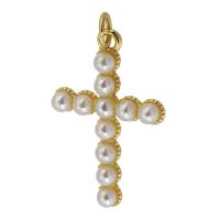 Messing Kruis Hangers, met Plastic Pearl, Oversteken, gold plated, mode sieraden & DIY & voor vrouw, nikkel, lood en cadmium vrij, 17*26*4mm, Gat:Ca 3mm, Verkocht door PC