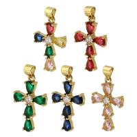 Ottone croce pendenti, placcato color oro, gioielli di moda & DIY & Micro spianare cubic zirconia & per la donna, nessuno, assenza di nichel,piombo&cadmio, 15*25*4mm, Foro:Appross. 3mm, Venduto da PC