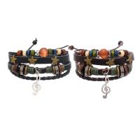 Rundsleder armbanden, Koeienhuid, met Wax & Cats Eye & Hout & Zinc Alloy, handgemaakt, mode sieraden & multilayer & uniseks, meer kleuren voor de keuze, Lengte 18-25 cm, Verkocht door PC