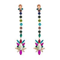 Boucles d'oreilles en alliage de zinc, fleur, Placage de couleur d'or, pour femme & avec strass, multicolore, protéger l'environnement, sans nickel, plomb et cadmium, 34x145mm, Vendu par paire