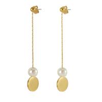 Partículas de acero Pendientes con Colgantes, con Perlas plásticas, chapado en oro de 18 K, Joyería & para mujer, 12x65mm, Vendido por Par