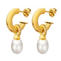 Titanium Staal Earring, met Plastic Pearl, micro pave zirconia & voor vrouw, 15x30mm, Verkocht door pair