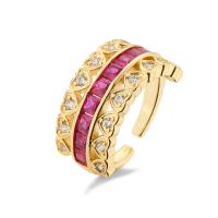 cobre Cuff Ring Finger, Coração, banhado a ouro genuino, ajustável & micro pavimento em zircônia cúbica & para mulher, Mais cores pare escolha, 11mm, tamanho:6.5-9, vendido por PC