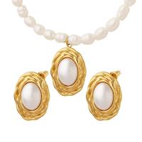 Sets de Joyas, Pendiente de stud & collar, Partículas de acero, con Perlas cultivadas de agua dulce & Perlas plásticas, diferentes estilos para la opción & para mujer, más colores para la opción, Vendido por UD