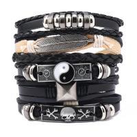 PU cavo bracciali, with corda in pelle di vitello & corda di cera & lega in zinco, fatto a mano, 5 pezzi & gioielli di moda & unisex, nero, 135x97mm, Venduto da set