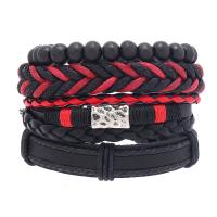 PU cavo bracciali, with corda di cera & legno & lega in zinco, fatto a mano, 4 pezzi & gioielli di moda & unisex, nero, 79x95mm, Venduto da set