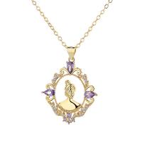 Collier en laiton, avec 5cm chaînes de rallonge, Placage de couleur d'or, bijoux de mode & styles différents pour le choix & pavé de micro zircon & pour femme & creux, plus de couleurs à choisir, protéger l'environnement, sans nickel, plomb et cadmium, 24x34mm, Longueur Environ 45 cm, Vendu par PC