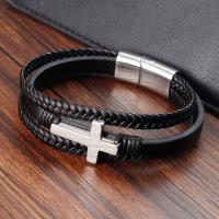 PU cavo bracciali, with 304 acciaio inox, Croce, tre strati & Vintage & per l'uomo, nero, Lunghezza 21 cm, Venduto da PC