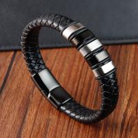 PU Leather Cord Bracelets with 304 Stainless Steel Vacuum Ion Plating vintage & for man black Length 21 cm Sold By PC