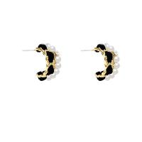 Pendientes de Perno de Aleación de Zinc, con felpa & Perlas plásticas, chapado en color dorado, Joyería & para mujer, Negro, libre de níquel, plomo & cadmio, 16x11mm, Vendido por Par