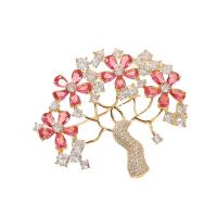 Broche bijoux de mode, laiton, arbre, pavé de micro zircon & pour femme, doré, protéger l'environnement, sans nickel, plomb et cadmium, 42x42mm, Vendu par PC