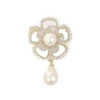 Gioielli spilla alla moda , ottone, with Shell Pearl, Fiore, gioielli di moda & Micro spianare cubic zirconia & per la donna, dorato, assenza di nichel,piombo&cadmio, 30x44mm, Venduto da PC