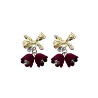 Zinc Alloy Drop Earring, med Flocking Fabric & Plastic Pearl, Bowknot, guldfarve belagt, mode smykker & for kvinde, 20x28mm, Solgt af par