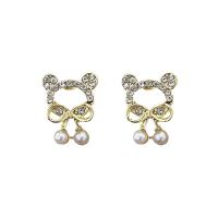 Zinc Alloy Stud Earring, med Plastic Pearl, Bjørn, guldfarve belagt, for kvinde & med rhinestone & hule, 11x15mm, Solgt af par