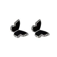 Zinc Alloy Stud Earring, Butterfly, sølvfarvet forgyldt, Koreansk stil & for kvinde & emalje & med rhinestone, 13x15mm, Solgt af par