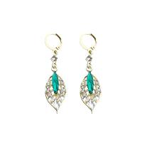 Zinc Alloy Øreringe, Leaf, guldfarve belagt, for kvinde & med rhinestone & hule, 13x54mm, Solgt af par