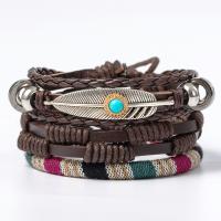 cuir de peau de vache Set de bracelet, avec turquoise & corde de cire & alliage de zinc, forme de plume, Placage, multicouche & style folk & unisexe, couleur de café, Longueur Environ 7 pouce, Vendu par fixé