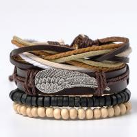 cuir de peau de vache Set de bracelet, avec corde de cire & bois & alliage de zinc, forme d'aile, Placage, multicouche & style folk & pour homme, Longueur Environ 7 pouce, Vendu par fixé