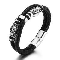 Bracelets cordon PU, cuir PU, avec Acier inoxydable 304, Double couche & bijoux de mode & pour homme, noire, 20mm, Longueur Environ 8.27 pouce, Vendu par PC